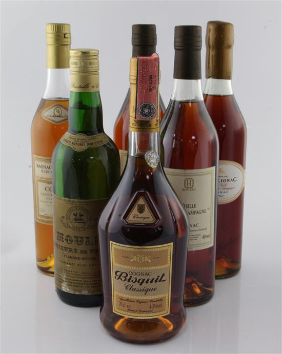 Five assorted bottles of Cognac including Ragnaud Sabourin Grand Champagne Cognac and a bottle of Houlle Genievre de France.